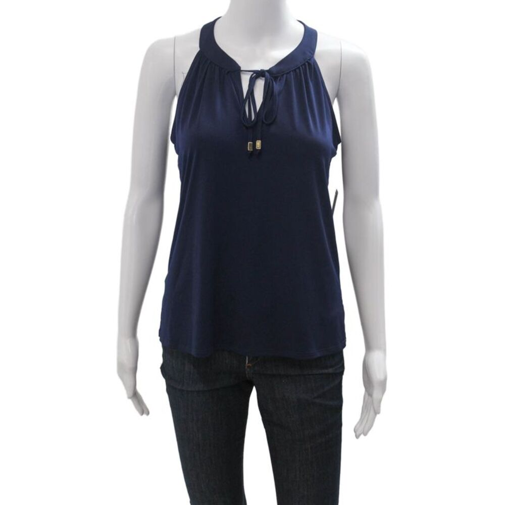 Veronica M Women Sleeveless Dark Blue Solid Tank Polyester Spandex Size S